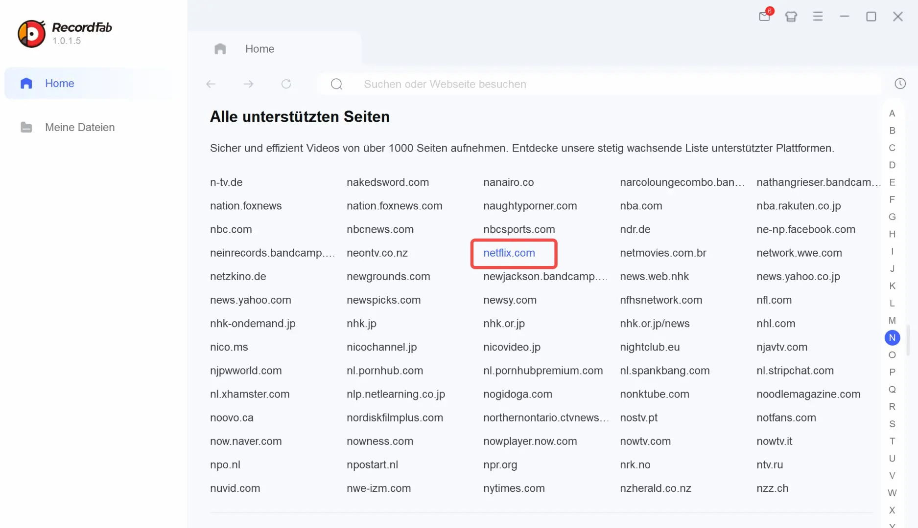 RecordFab Startbildschirm mit Netflix als unterstützte Streaming-Plattform