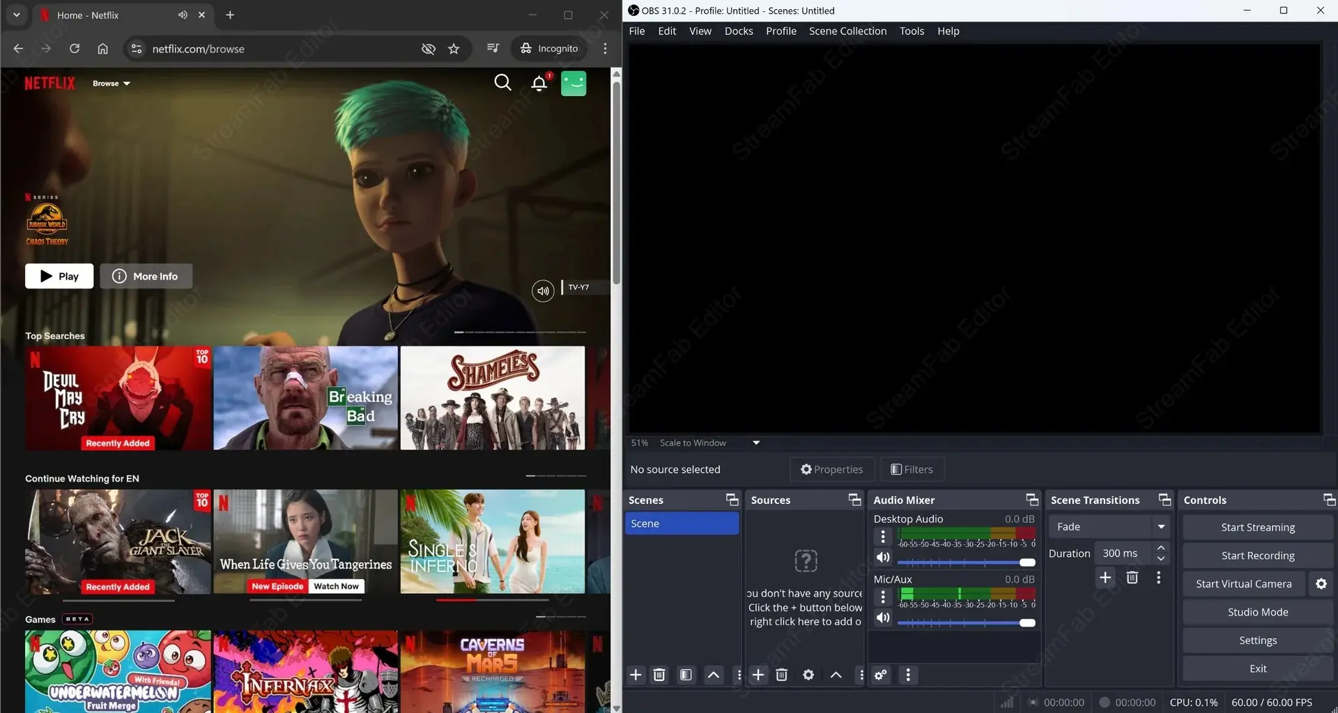 OBS Studio Quelle Bildschirmaufnahme statt Fensteraufnahme für Netflix im Vollbild