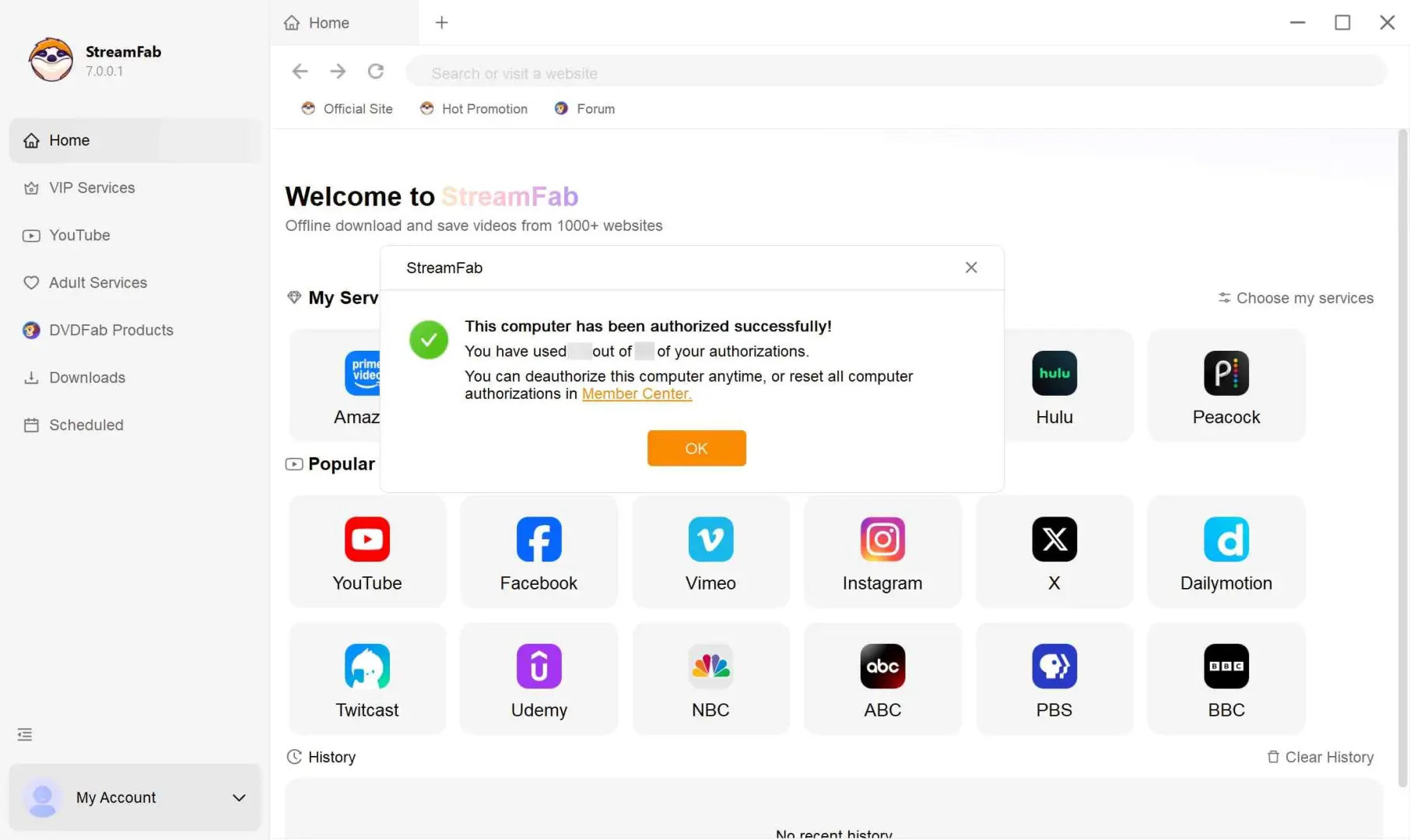 StreamFab 7 confirmant la réussite de l’autorisation du compte