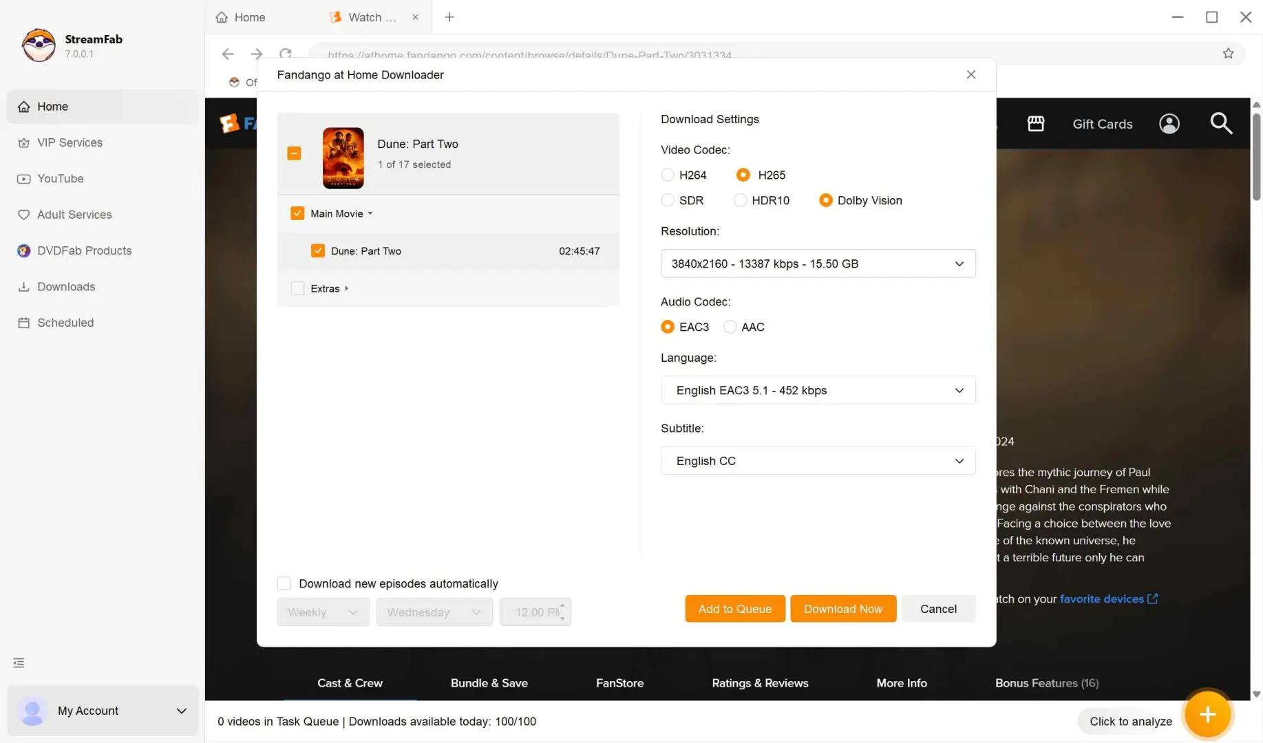 StreamFab 7 réglant le format, la qualité, l’audio et les sous-titres