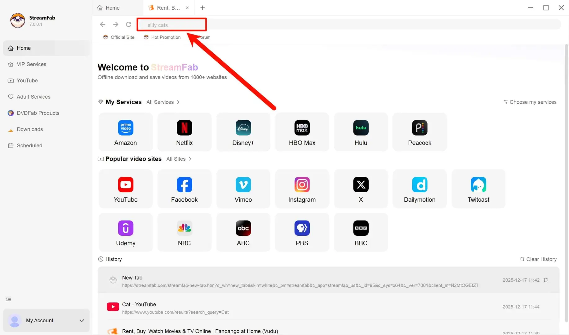 Comment télécharger des vidéos YouTube via la barre de recherche de StreamFab Étape 1 : saisissez le mot