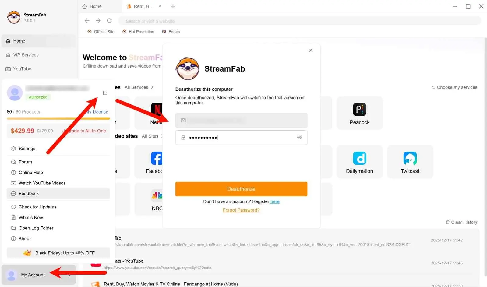 StreamFab 7 désautorisant un ordinateur depuis le menu du compte