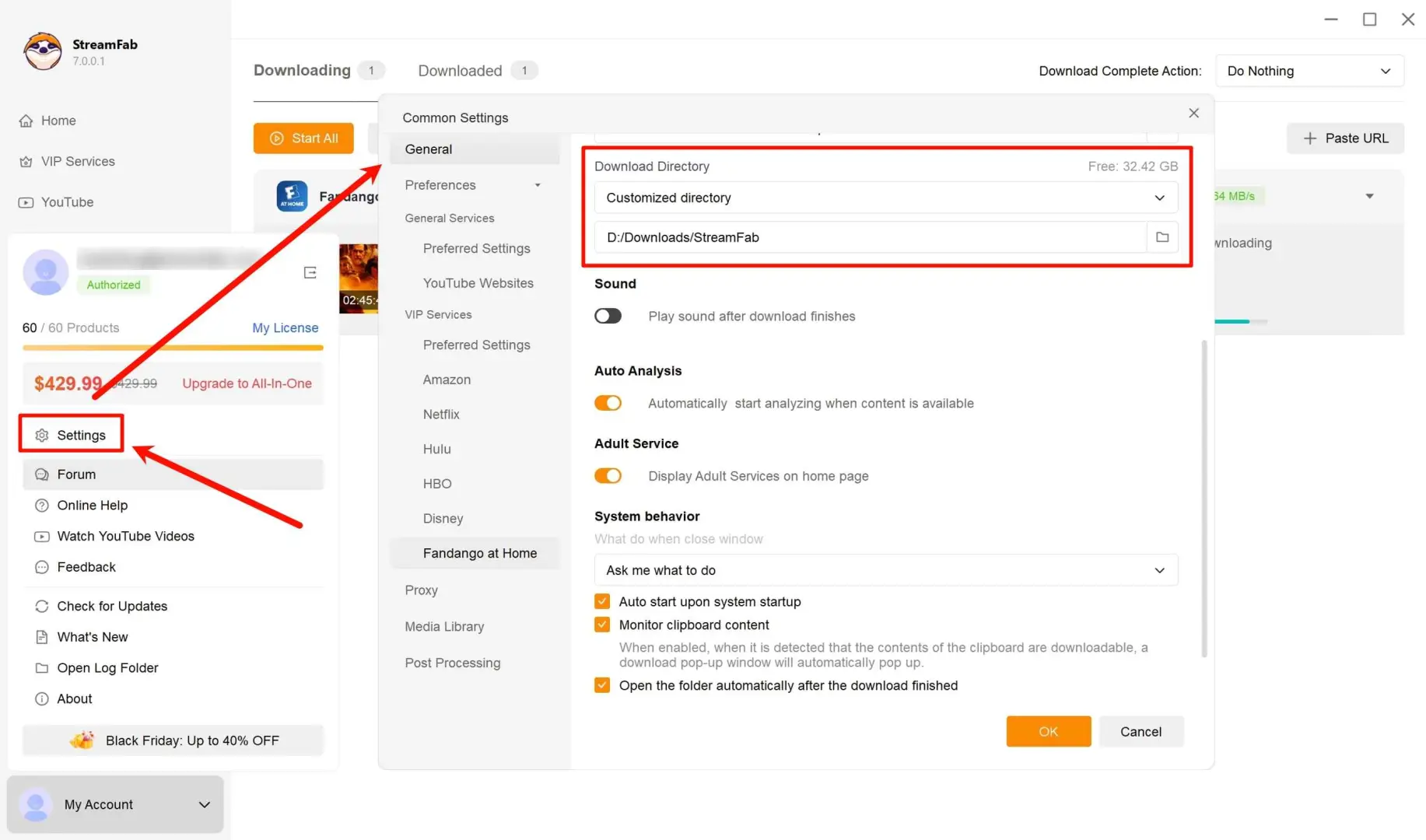 StreamFab 7 modifiant le dossier de sortie des vidéos téléchargées