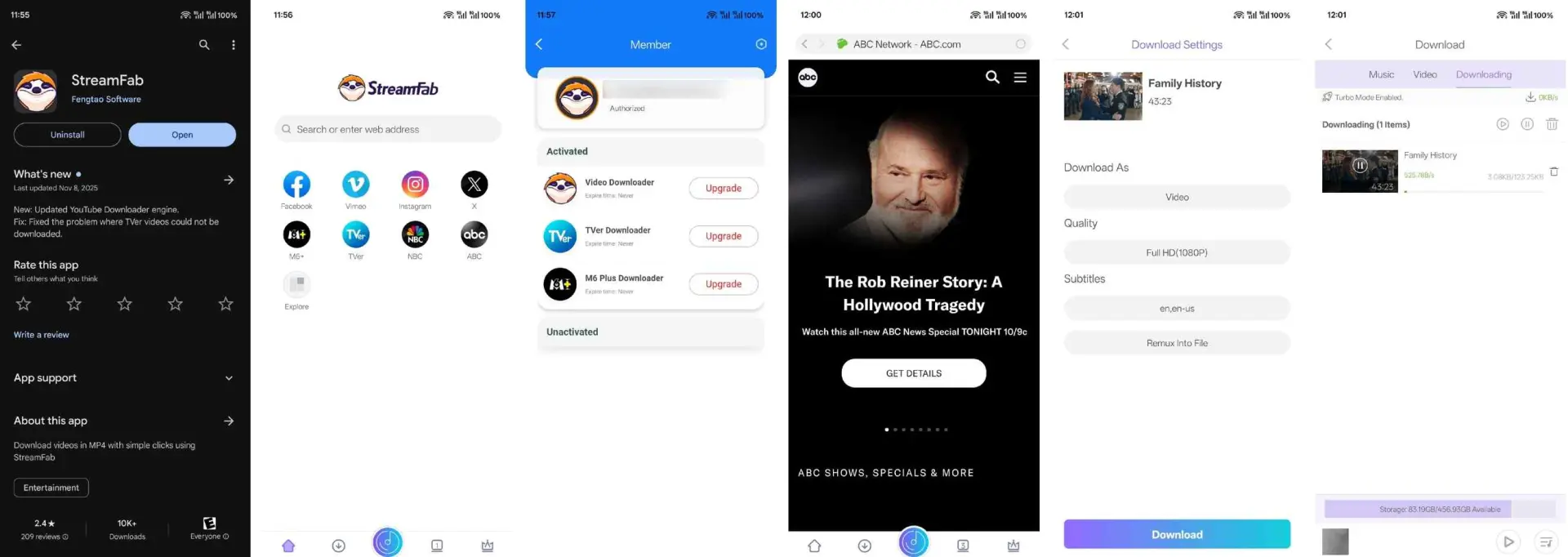 StreamFab Android montrant le parcours mobile de téléchargement
