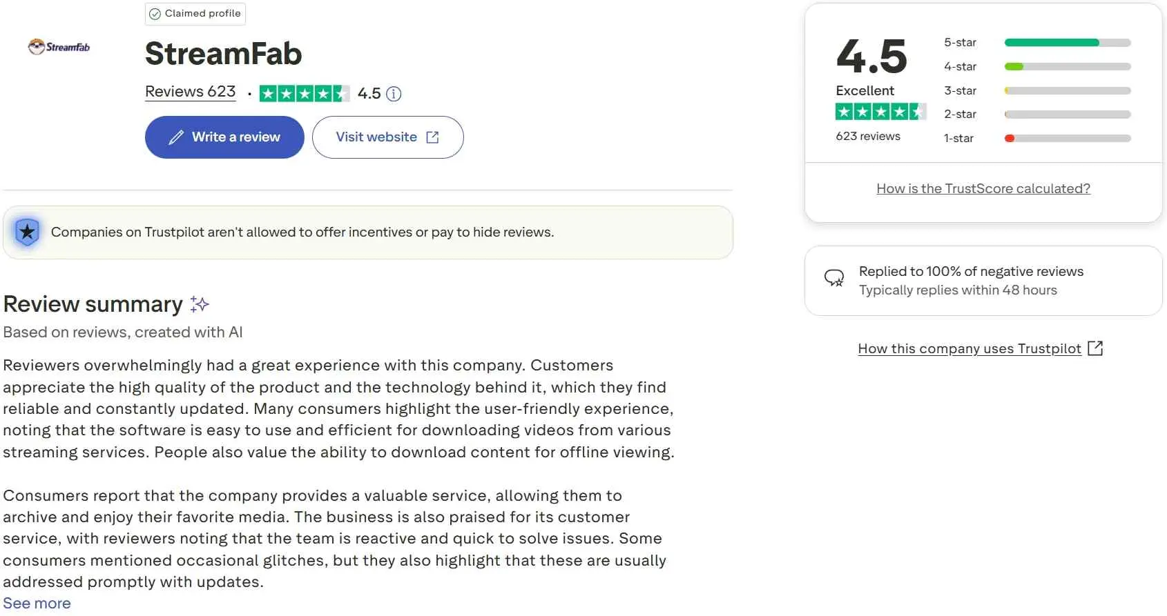 streamfab review: outstand customer rate on trustpilot