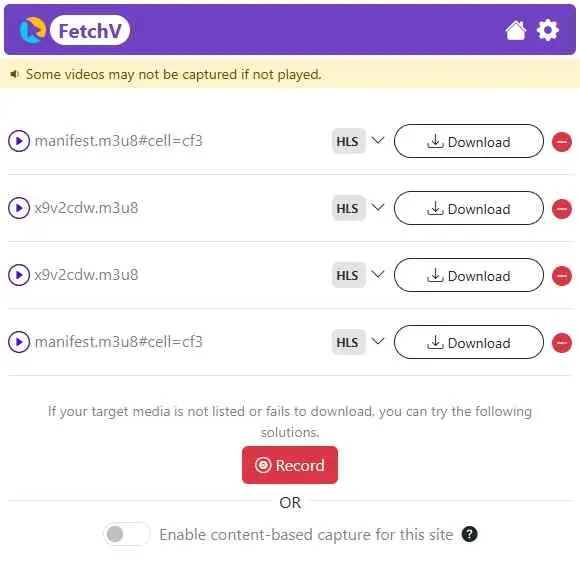FetchV detected video options with source filenames