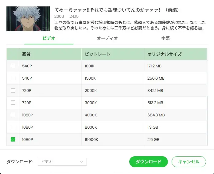 NoteBurner 銀魂 ダウンロードボタンと解析ダイアログ