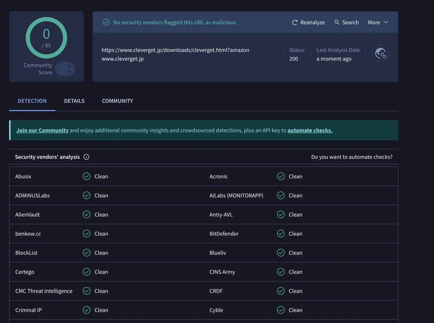 CleverGet公式インストーラーをVirusTotalで確認した検証画面