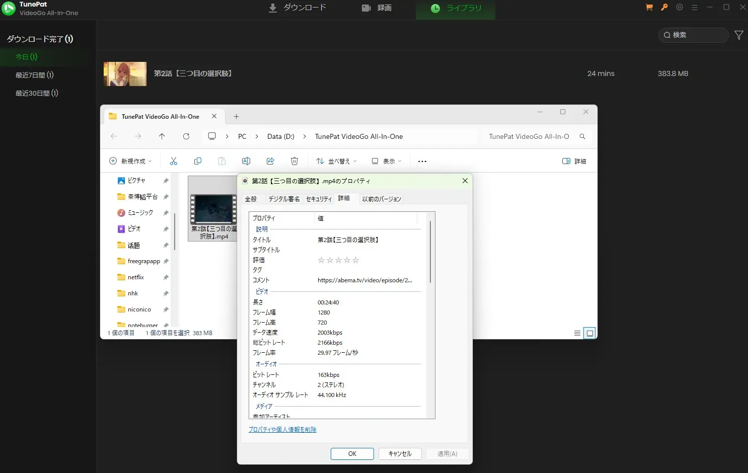 TunePatで保存したABEMA動画の解像度を確認する画面
