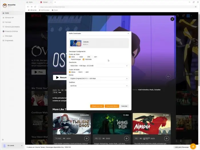 Ventana emergente para configurar resolución, audio y subtítulos