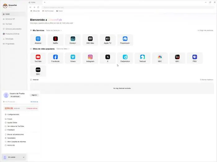 Pantalla de inicio de sesión y activación de cuenta en StreamFab