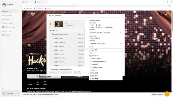 Subtitle and audio selection panel in StreamFab