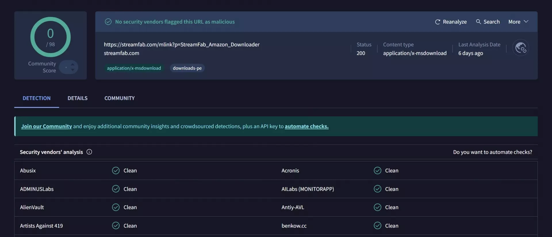 Sicherheitsüberprüfung von StreamFab Amazon Downloader bei VirusTotal