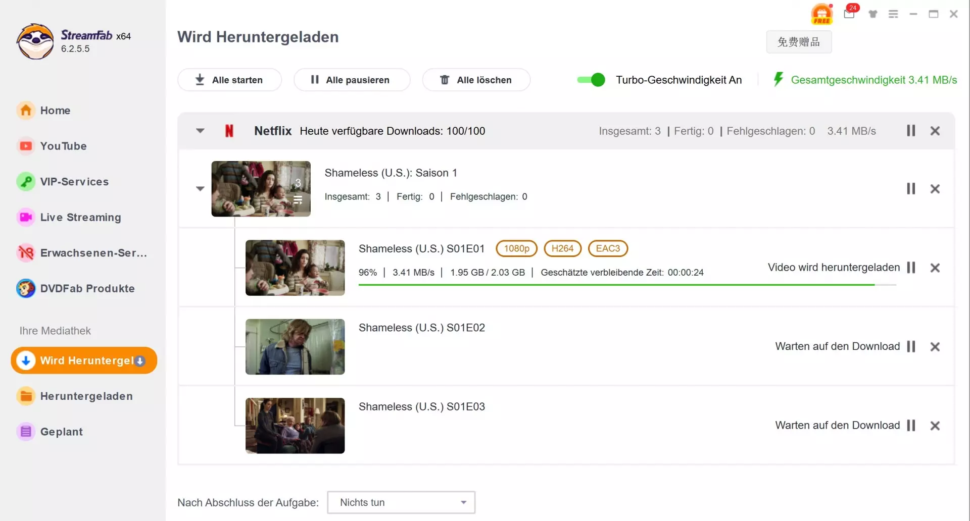 StreamFab Schritt 5: Download-Fortschritt der RTL+-Videos in der Warteschlange verfolgen