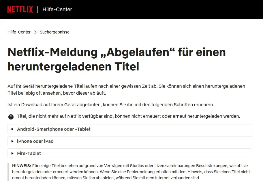Netflix Hilfe-Center Download-Regeln