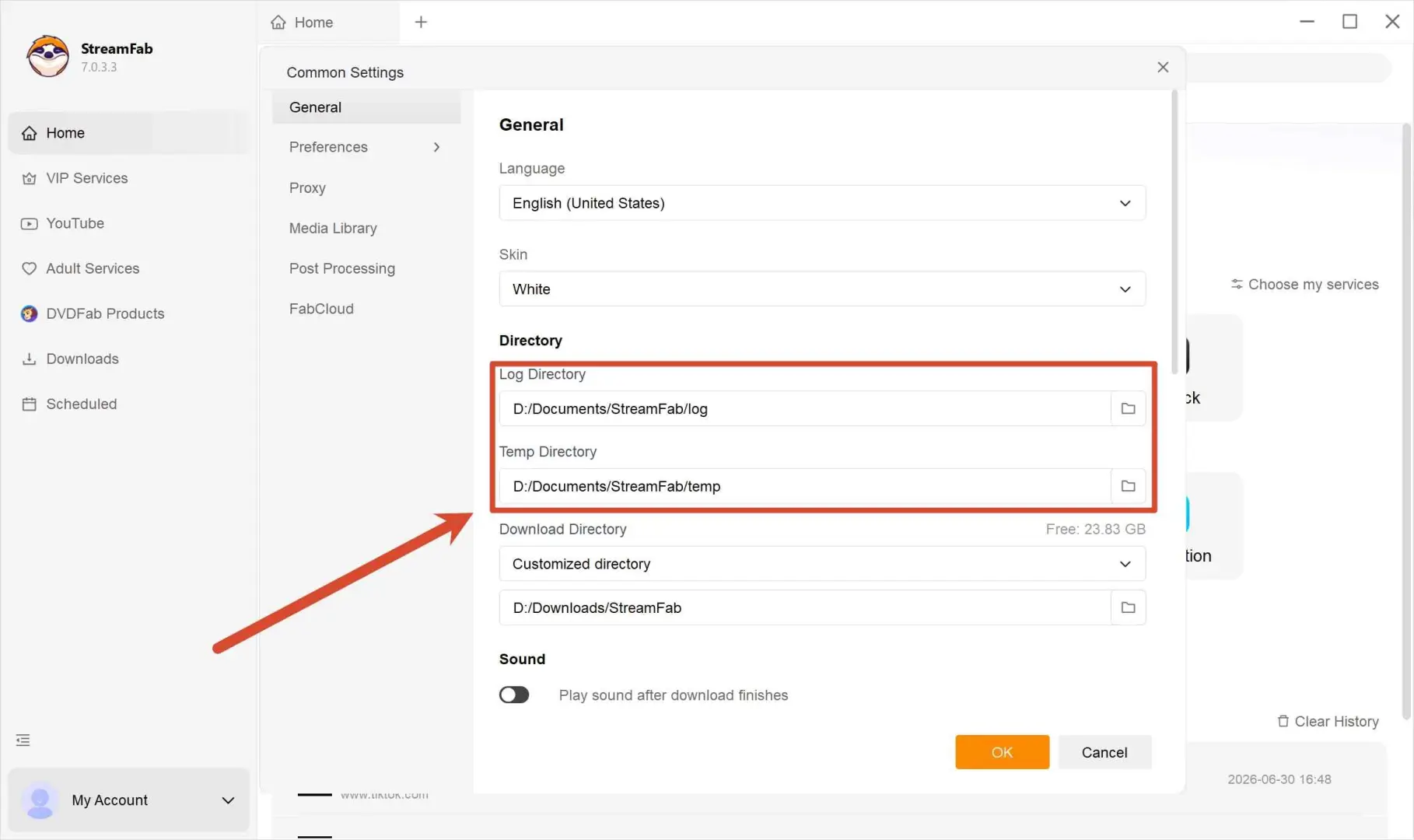 StreamFab Einstellungsfenster zum Prüfen von Update Cache und Ausgabeordner