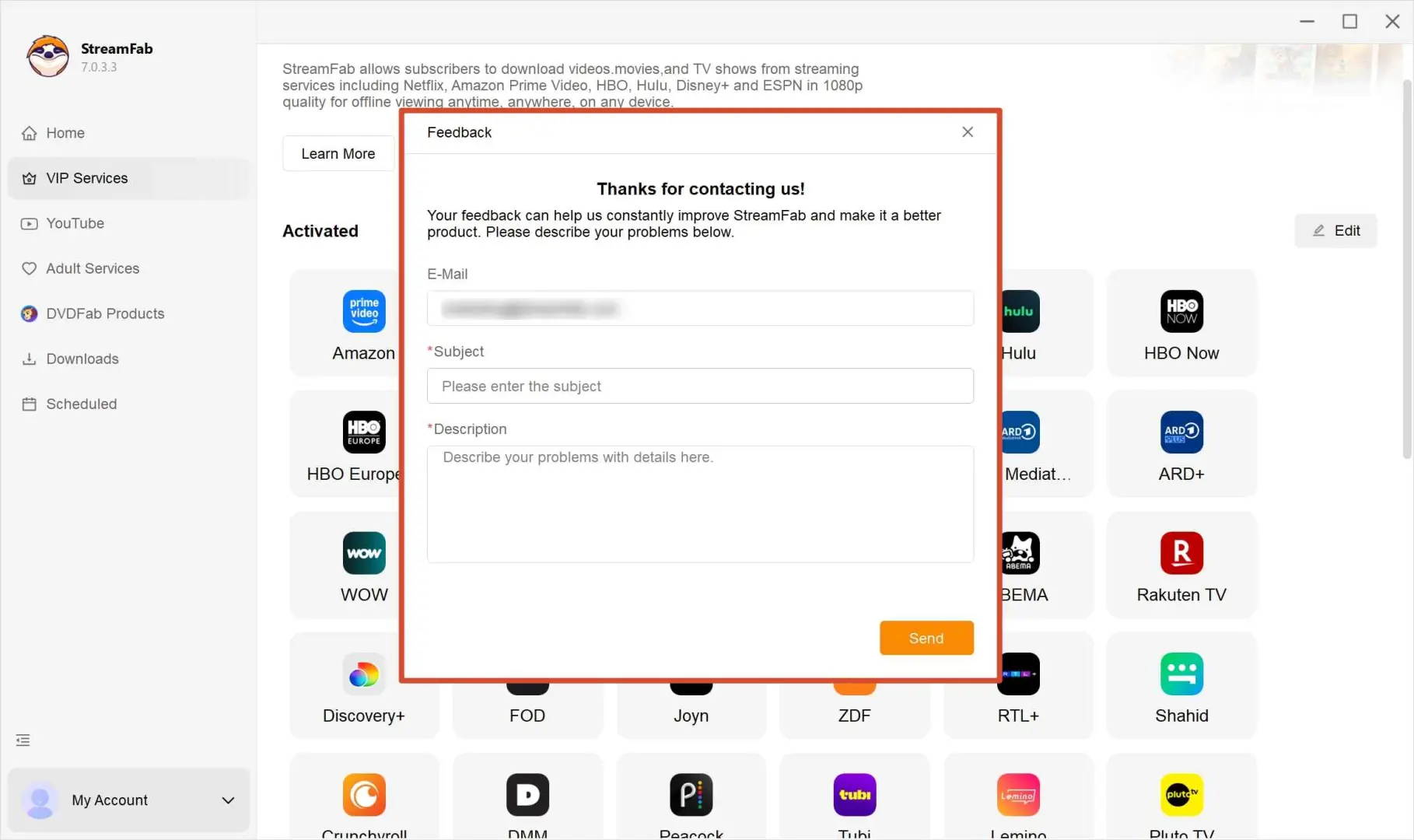 StreamFab Feedbackfenster zum Senden von Protokollen an den Support