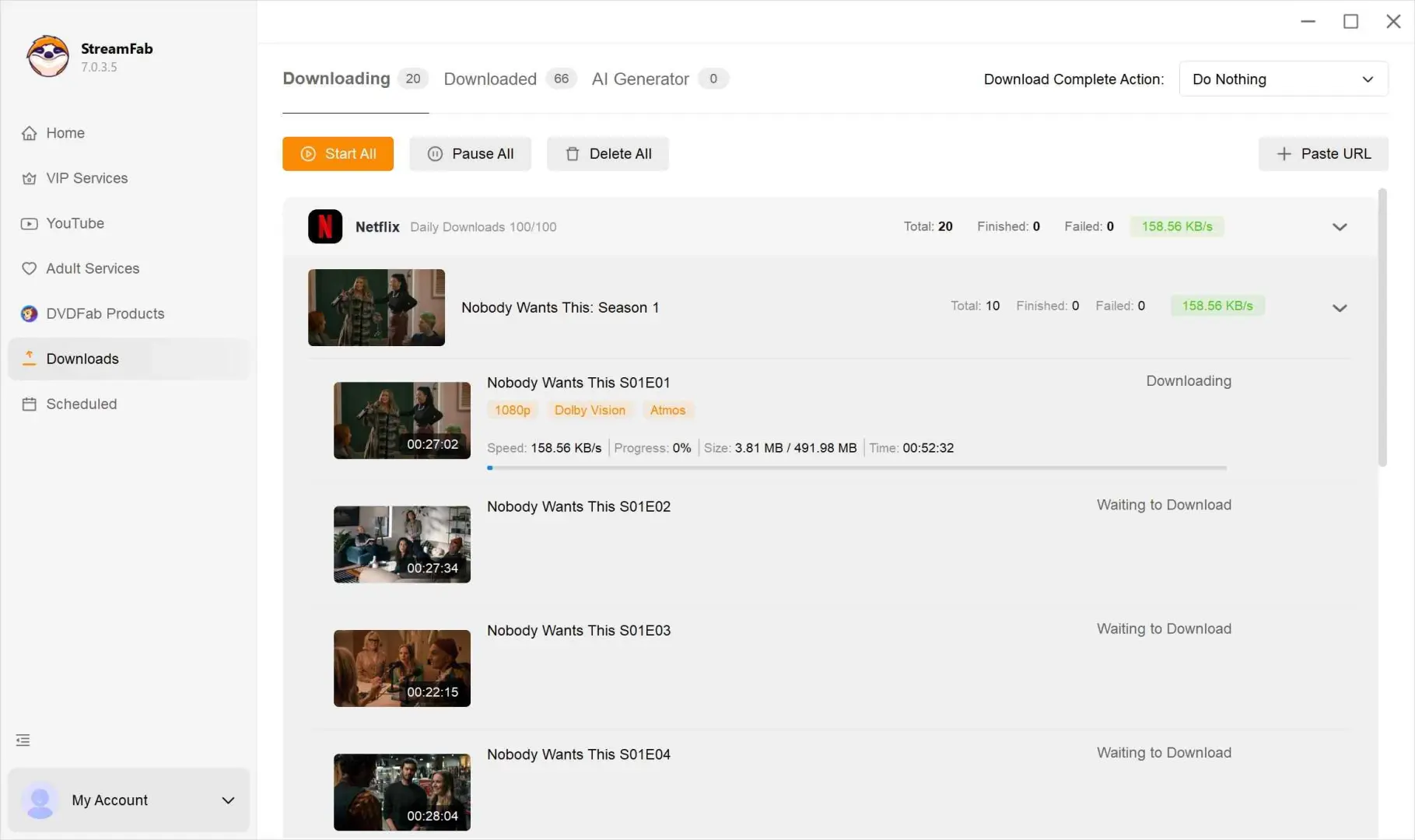 StreamFab-Warteschlange mit geplanten Downloads für ganze Staffeln zur festgelegten Zeit