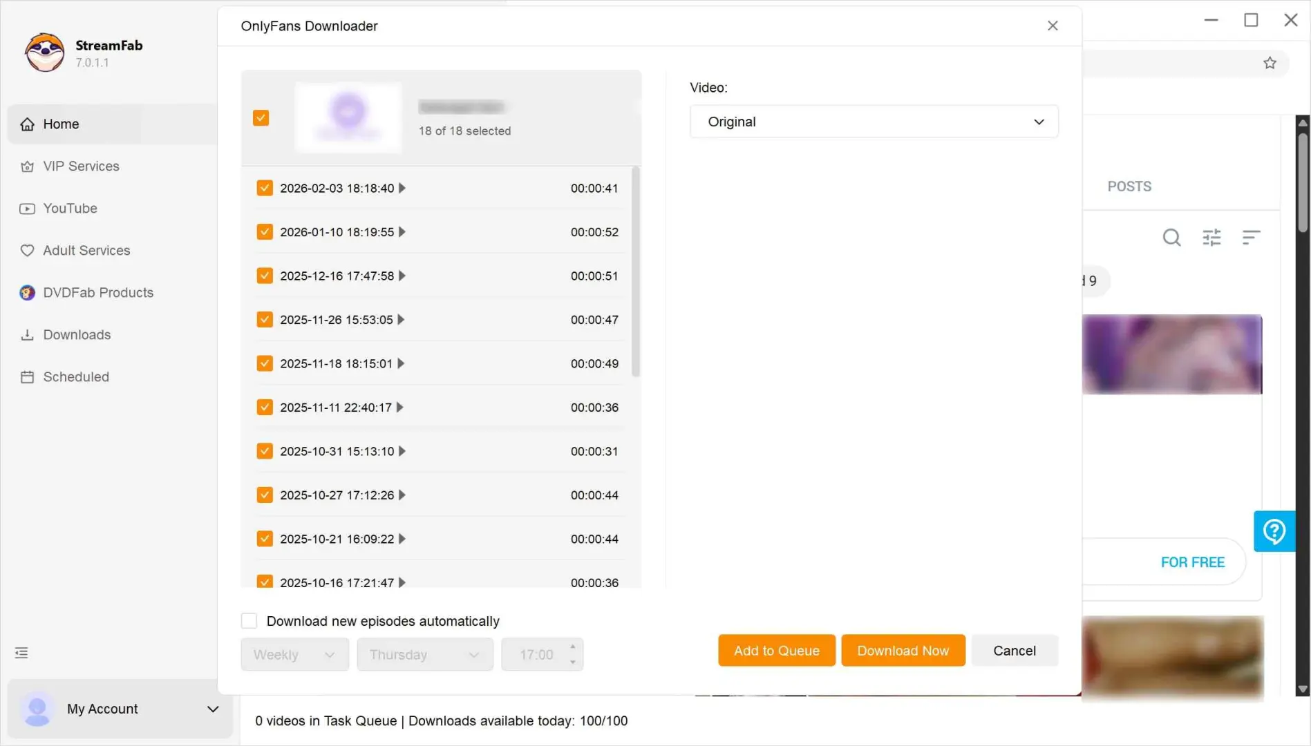 Auswahl von Ausgabequalität und Zielvideos in StreamFab vor dem Download