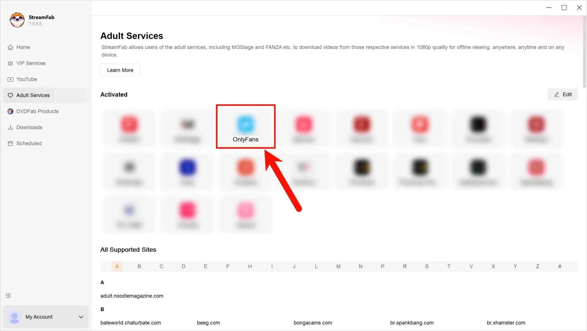 StreamFab-Oberfläche mit OnlyFans in der Liste der Erwachsenen-Services