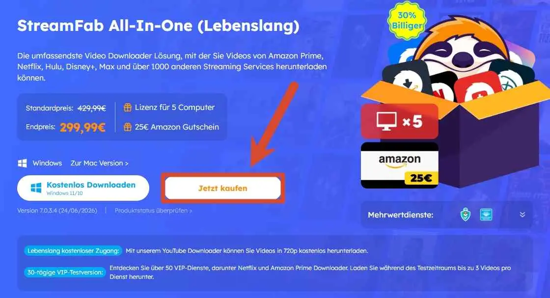 Offizielle StreamFab-Produktseite mit der Schaltfläche Jetzt kaufen und Planauswahl