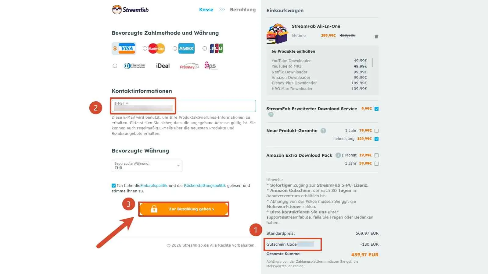 StreamFab-Checkout-Seite mit Gutscheincode-Feld und aktualisiertem Preis