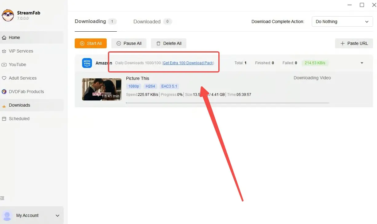 StreamFab-Oberfläche mit Anzeige des täglichen Download-Status