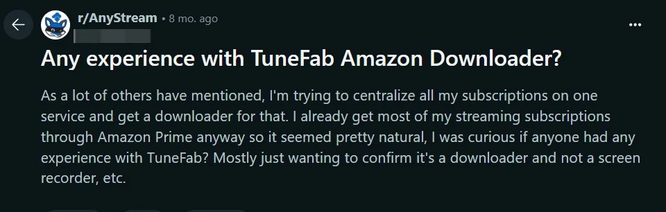 A reddit user asking if there is any experience with TuneFab Amazon Video Downloader