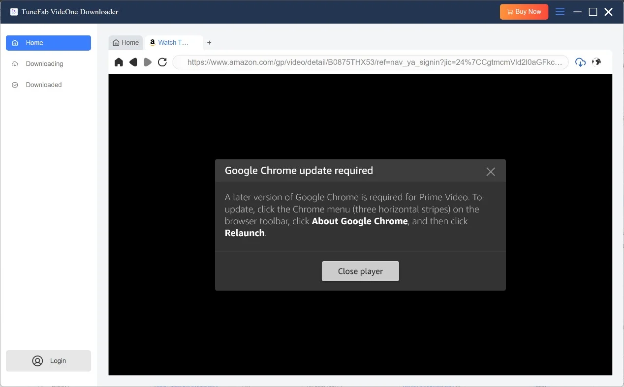 TuneFab VideOne Amazon Downloader mostrando una incidencia del navegador integrado en Prime Video