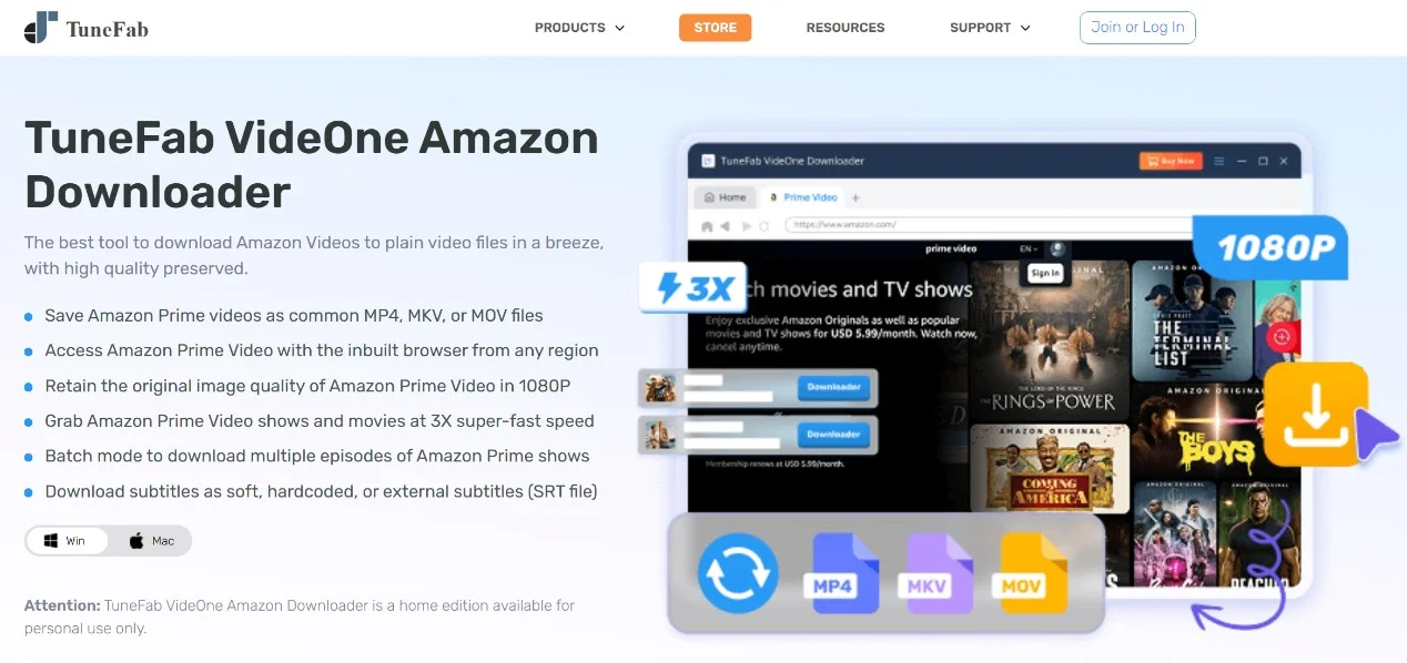 TuneFab VideOne Amazon Downloader con navegador integrado para elegir títulos de Prime Video