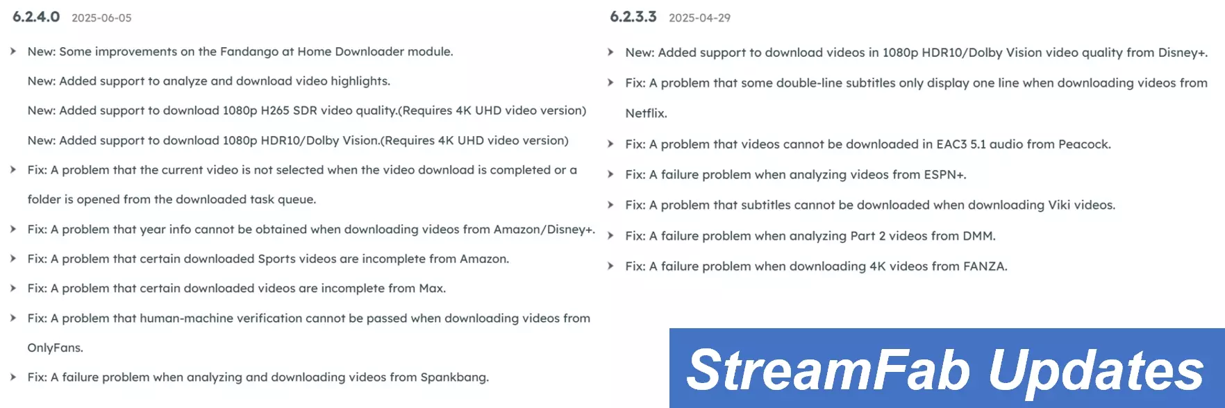 StreamFab 與 MovPilot 更新資訊與故障修復比較圖