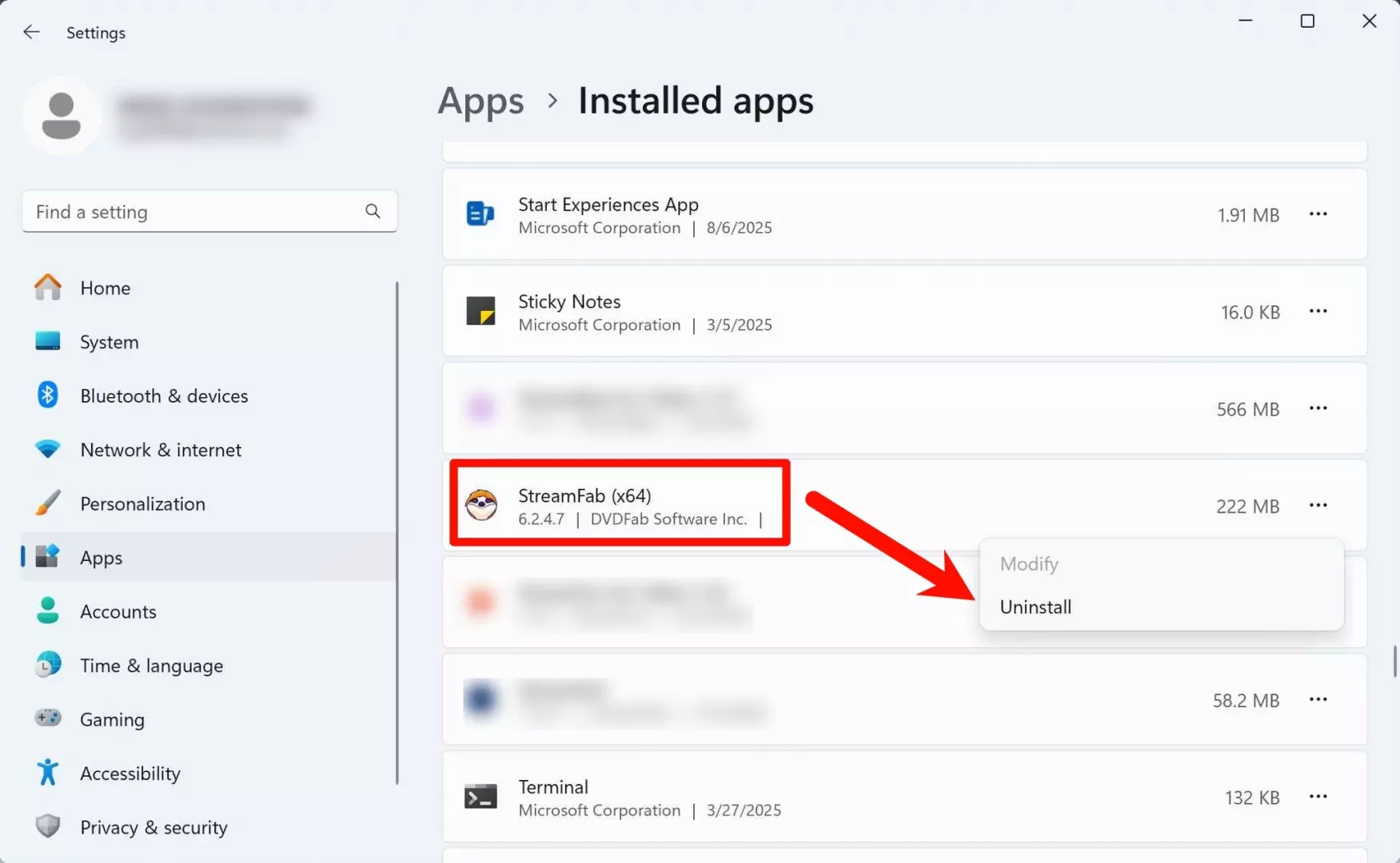 Cliquer sur Desinstaller pour StreamFab dans Windows 11