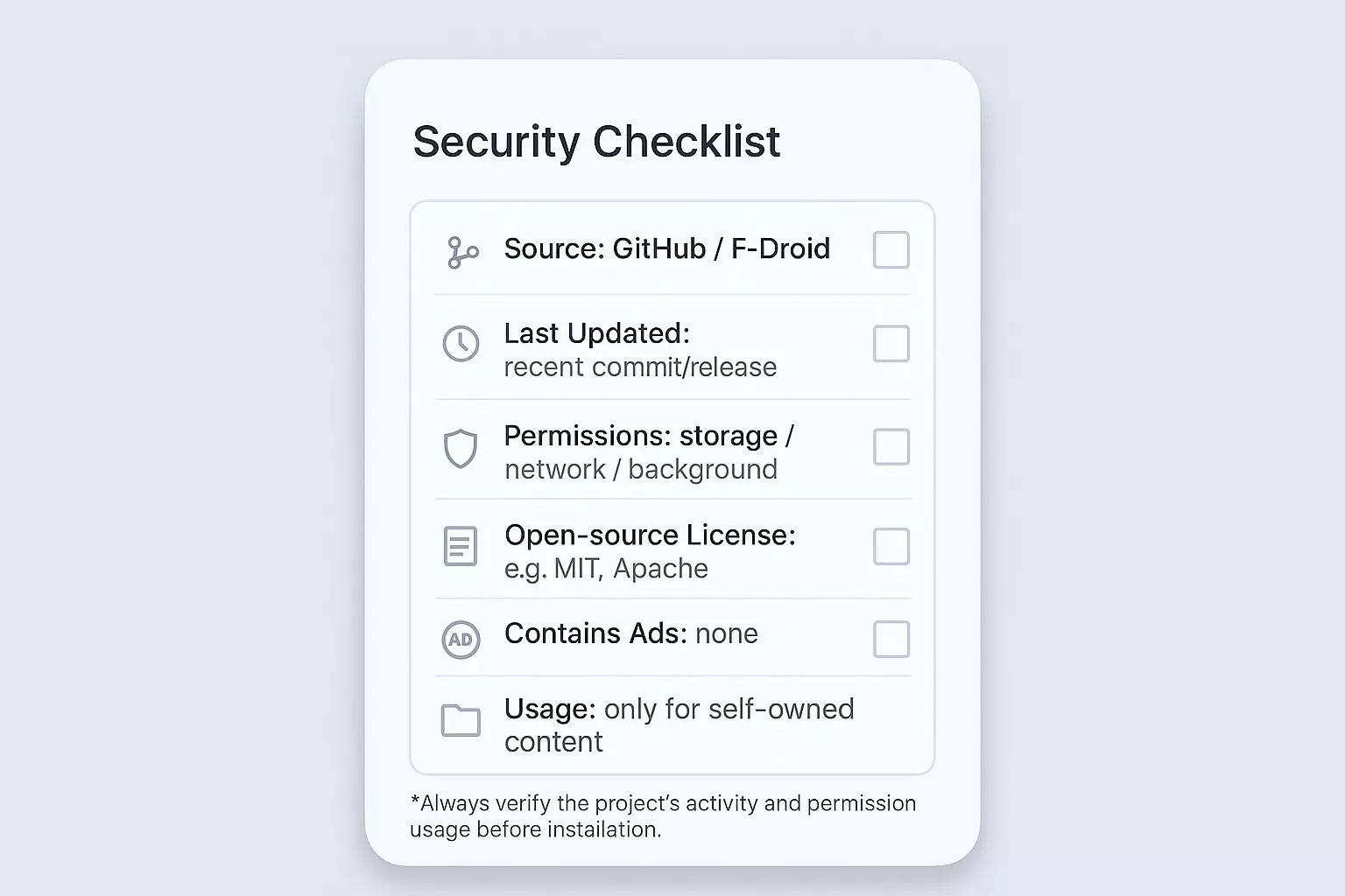 Checklist card labeled “Security Checklist” with items: Source (GitHub/F‑Droid), Last Updated, Permissions, Open‑source License, Contains Ads, Usage limited to self‑owned content.