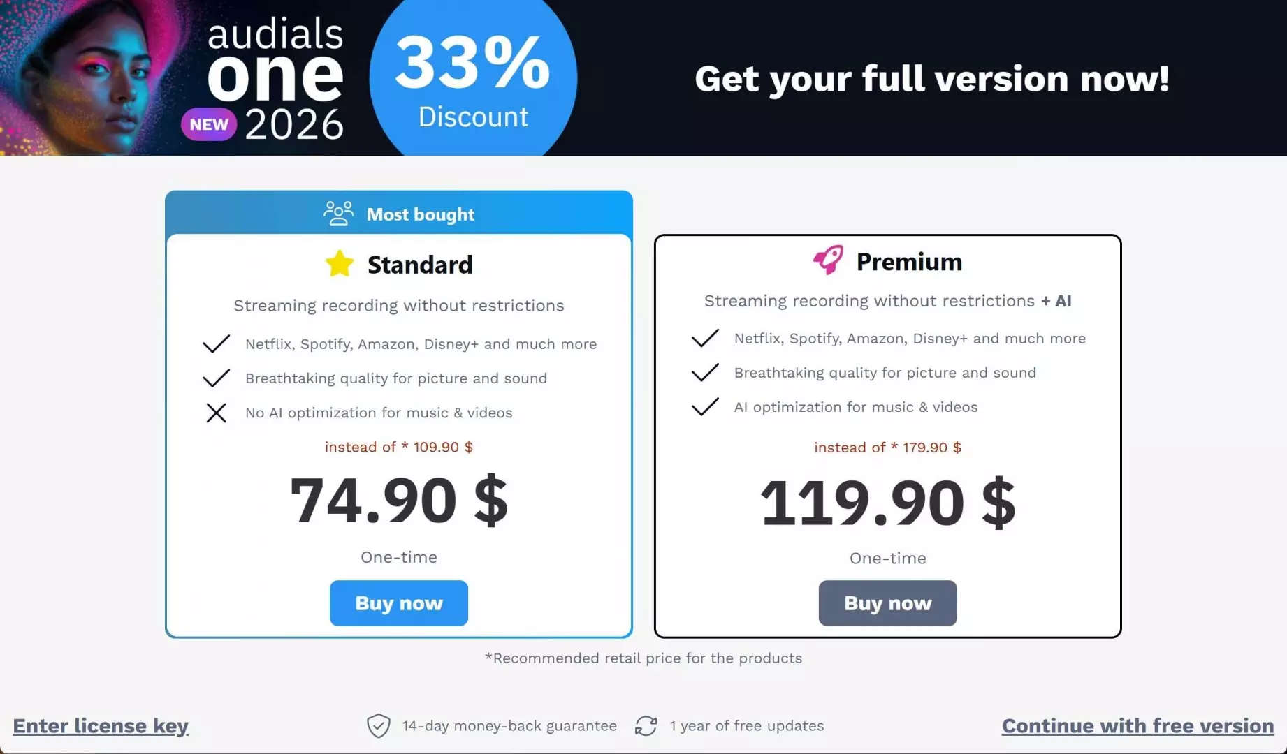 Audials One trial upgrade pop-up prompting purchase on app launch
