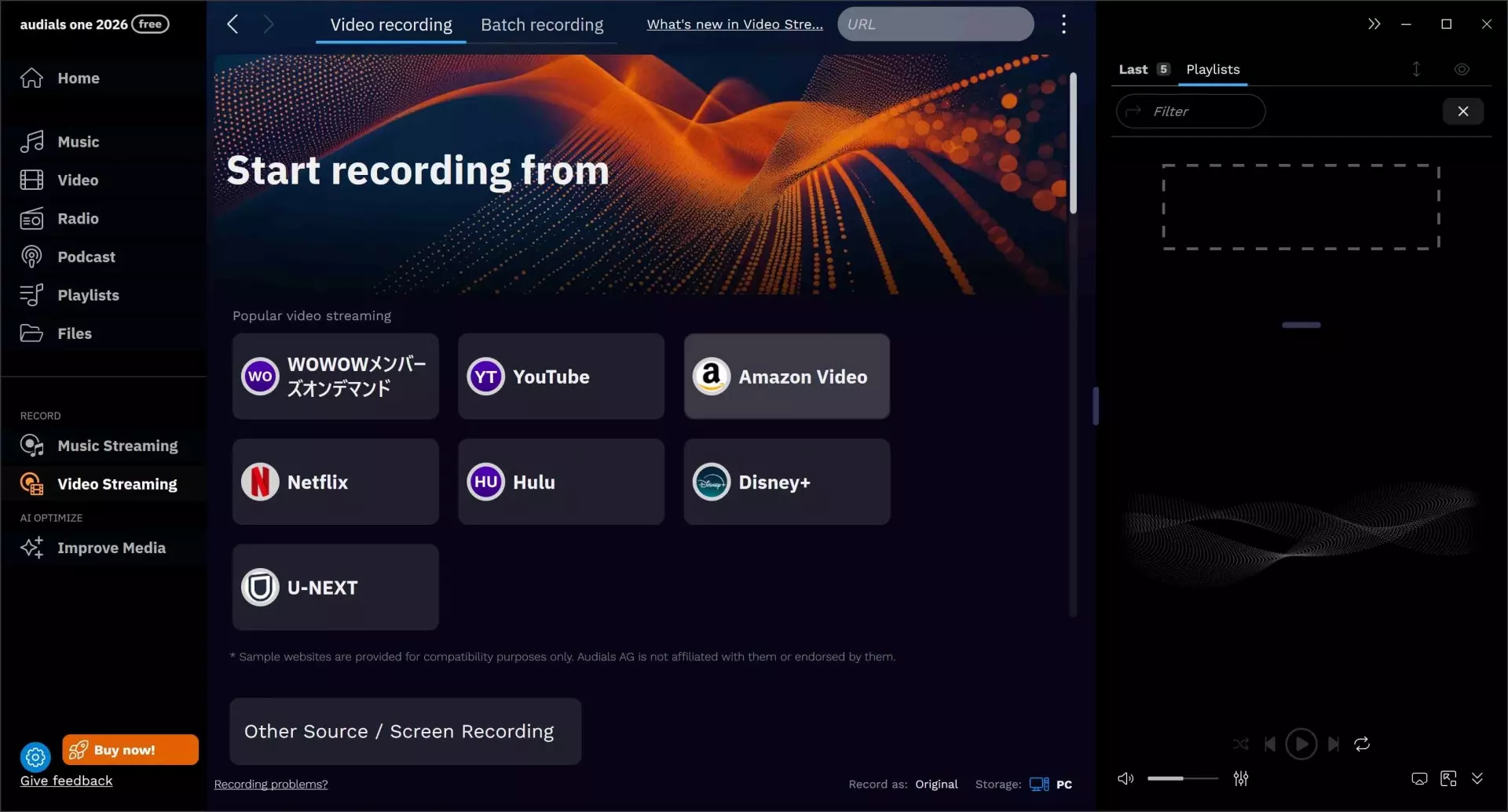 Audials One 2026 main interface with streaming service tiles and search bar