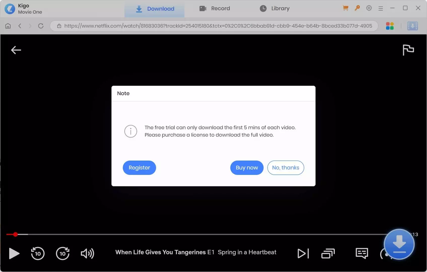 Kigo Video Downloader Testbericht: Beschränkt auf das Herunterladen von nur 5 Minuten Videomaterial während der Testphase.