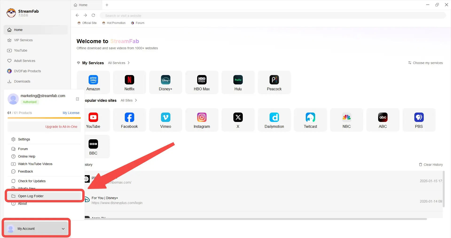 Dossier Logs de StreamFab ouvert dans l'Explorateur Windows, affichant les fichiers log horodatés par session