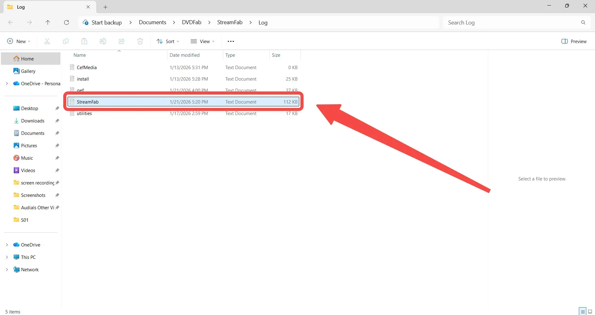Sélection du fichier log StreamFab correspondant à la session avec l'erreur, trié par date de modification