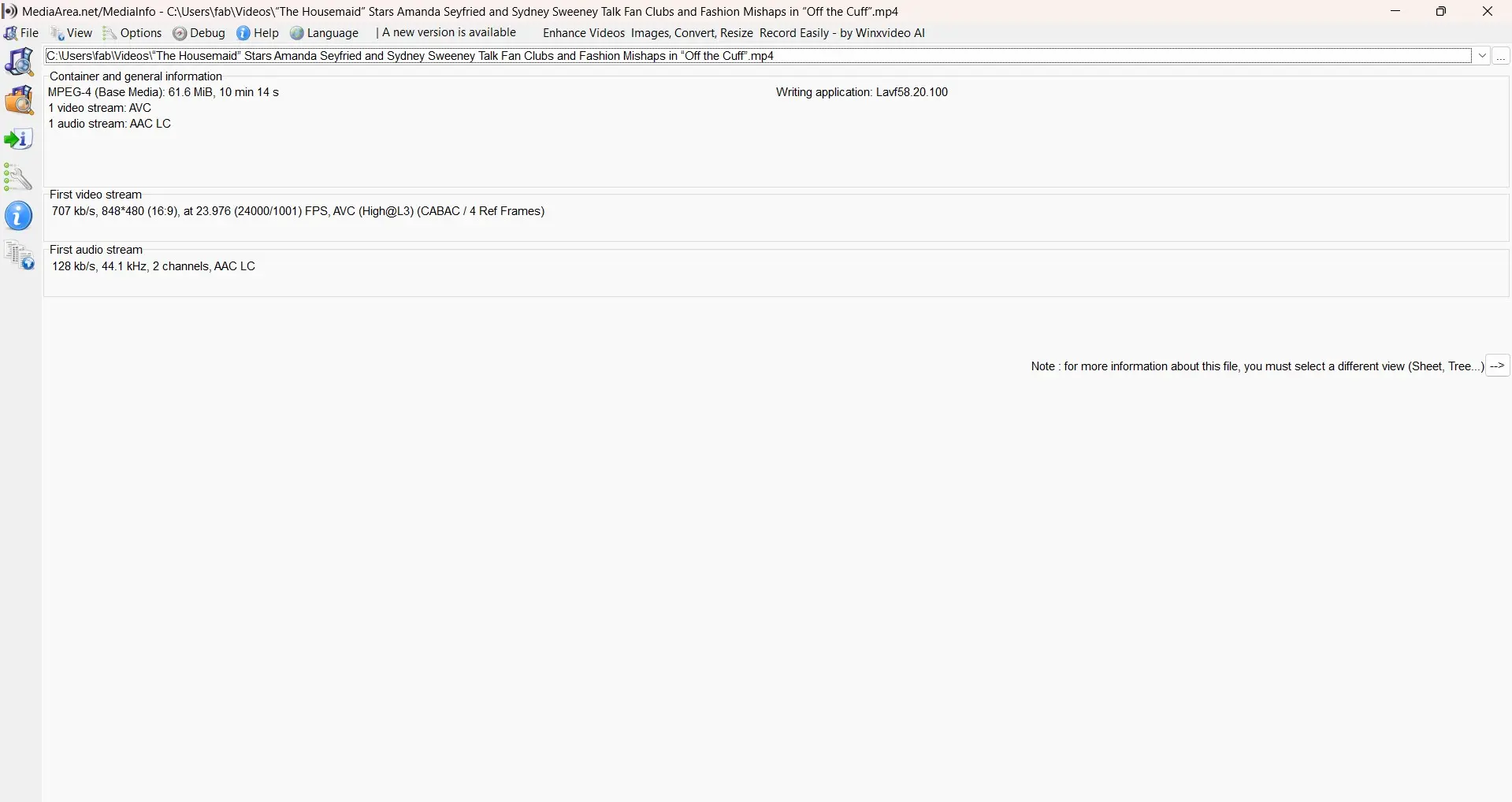 ADM MediaInfo view showing container metadata fields