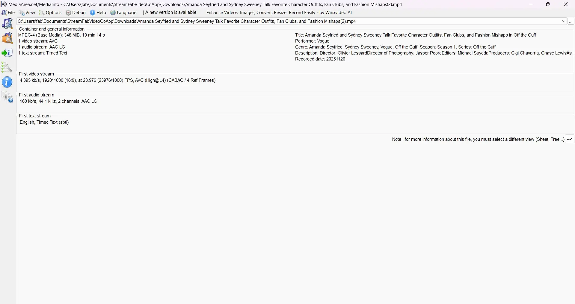StreamFab MediaInfo view showing organized MP4 metadata