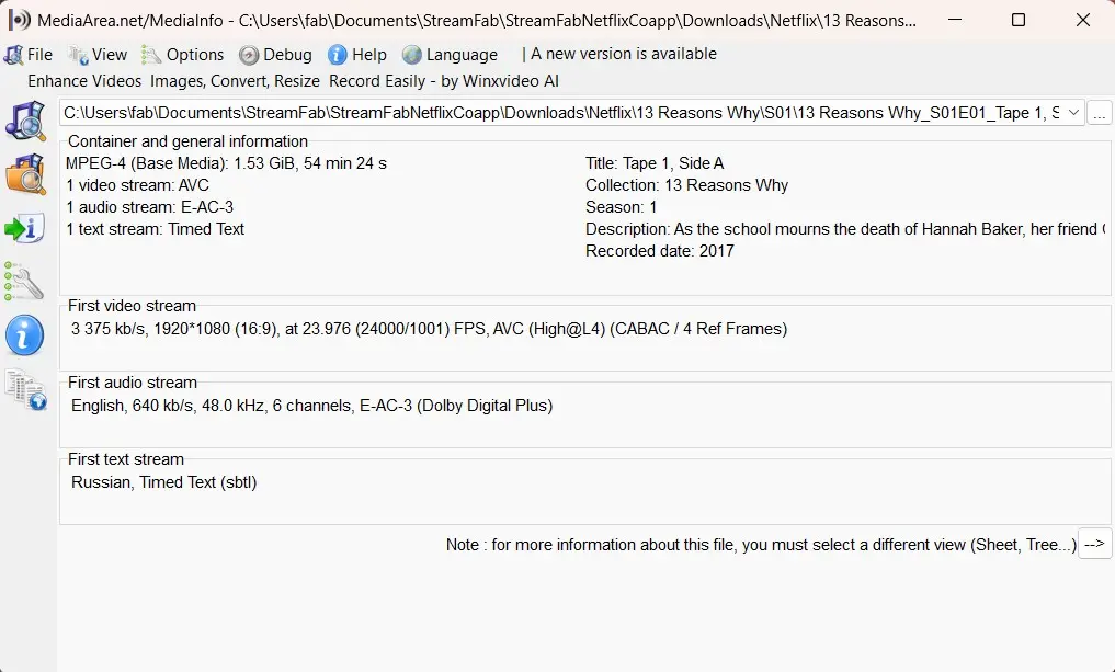 the underlying specs of the output file using streamfab netflix downloader for browser