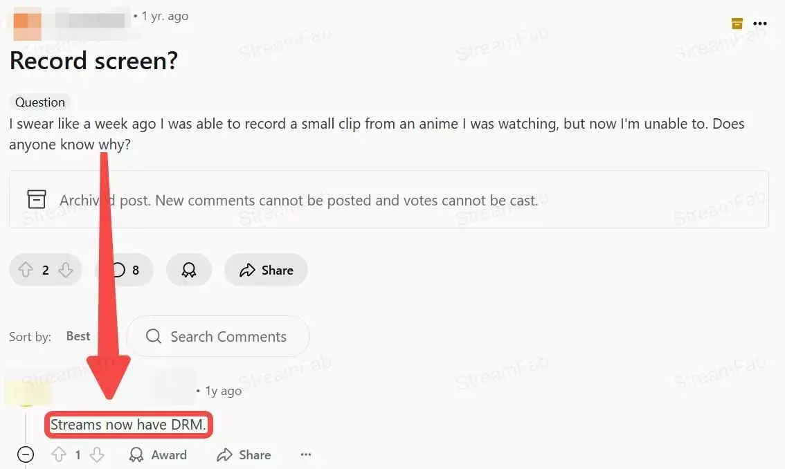 Crunchyroll black-screen discussion showing a failed recording symptom