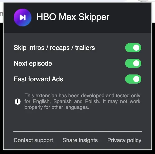 HBOmax Skipper browser control for shortening HBO Max ad breaks