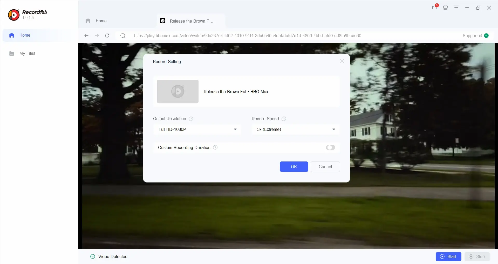 RecordFab recording panel adjusting resolution and 5x-speed capture options for a DRM streaming playback