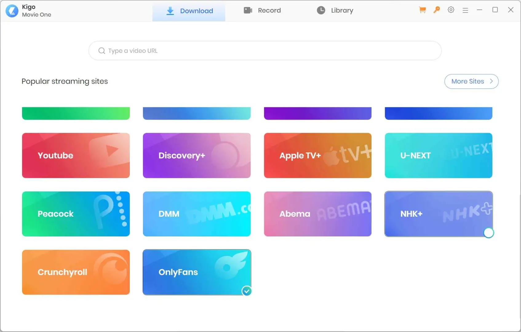 Kigo OnlyFans Downloader empty dashboard on first launch, ready for a non-DRM post URL