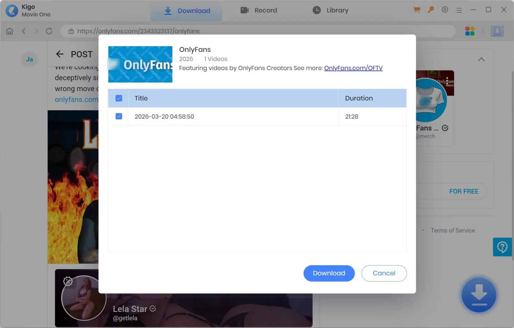 Kigo OnlyFans Downloader analyzer prompt with video, audio, and subtitle configuration options
