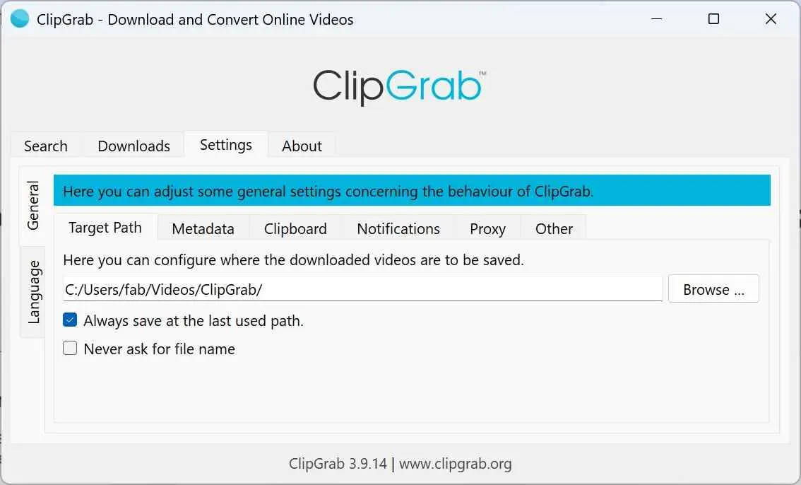 ClipGrab window for simple public video downloads