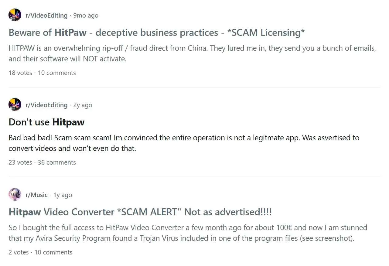 HitPaw community discussion showing download and license complaints