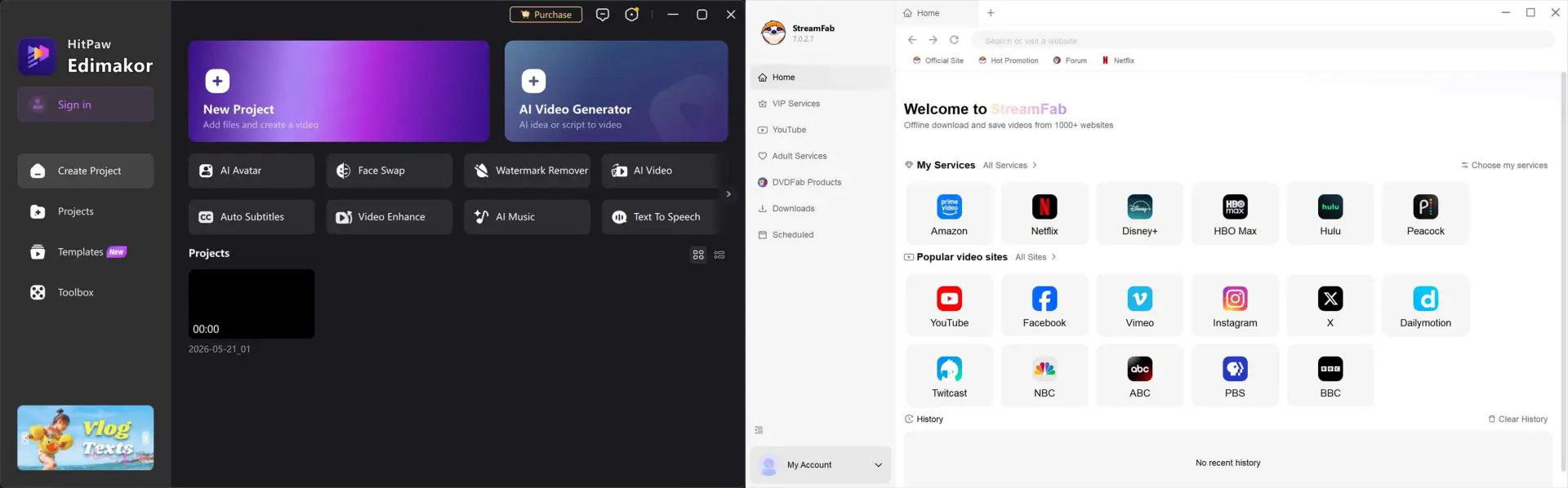 HitPaw Edimakor and StreamFab All-In-One interfaces for editing and offline streaming workflows