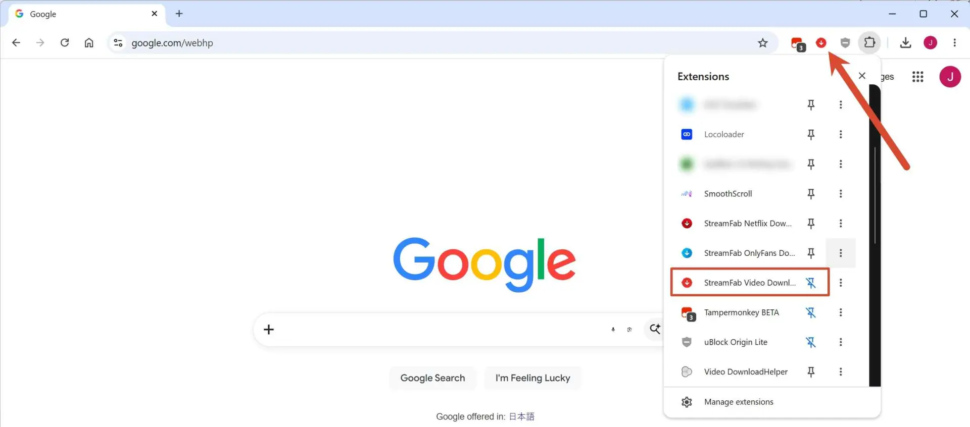 Chrome-Browser-Symbolleiste mit angepinntem StreamFab-Erweiterungssymbol